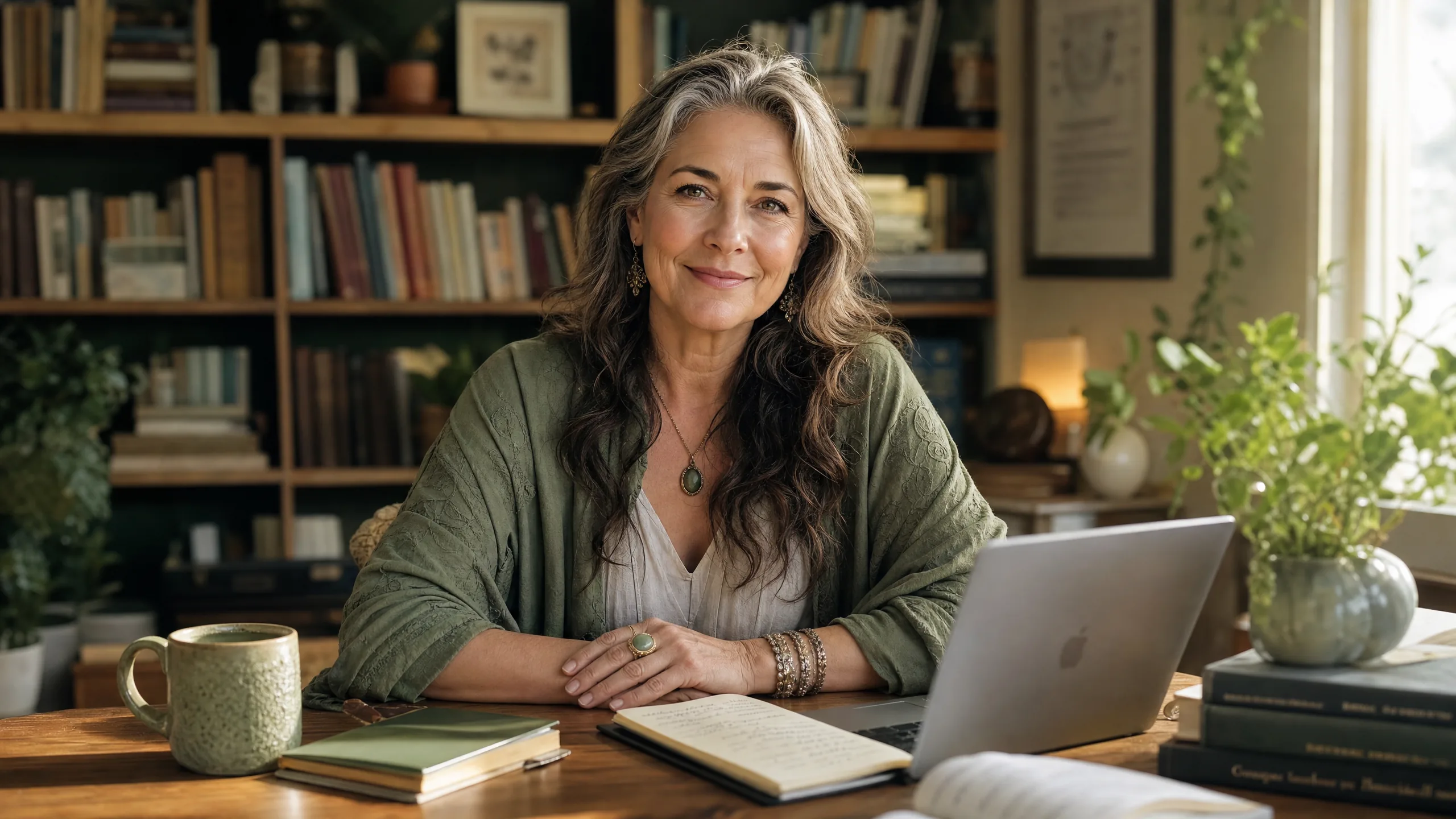 The Oracle Lover — Intuitive Educator and Oracle Guide at her desk surrounded by books and plants