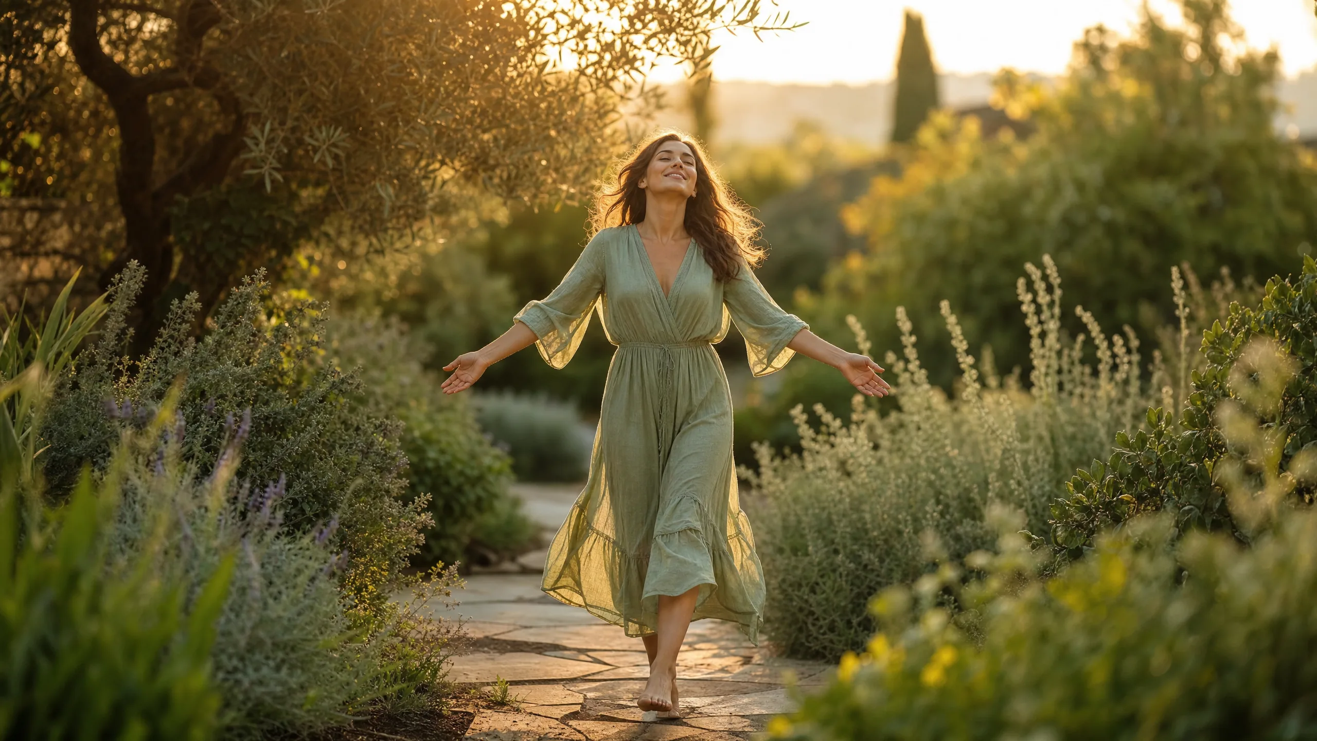 A woman walking freely through a garden at golden hour — healing after divorce