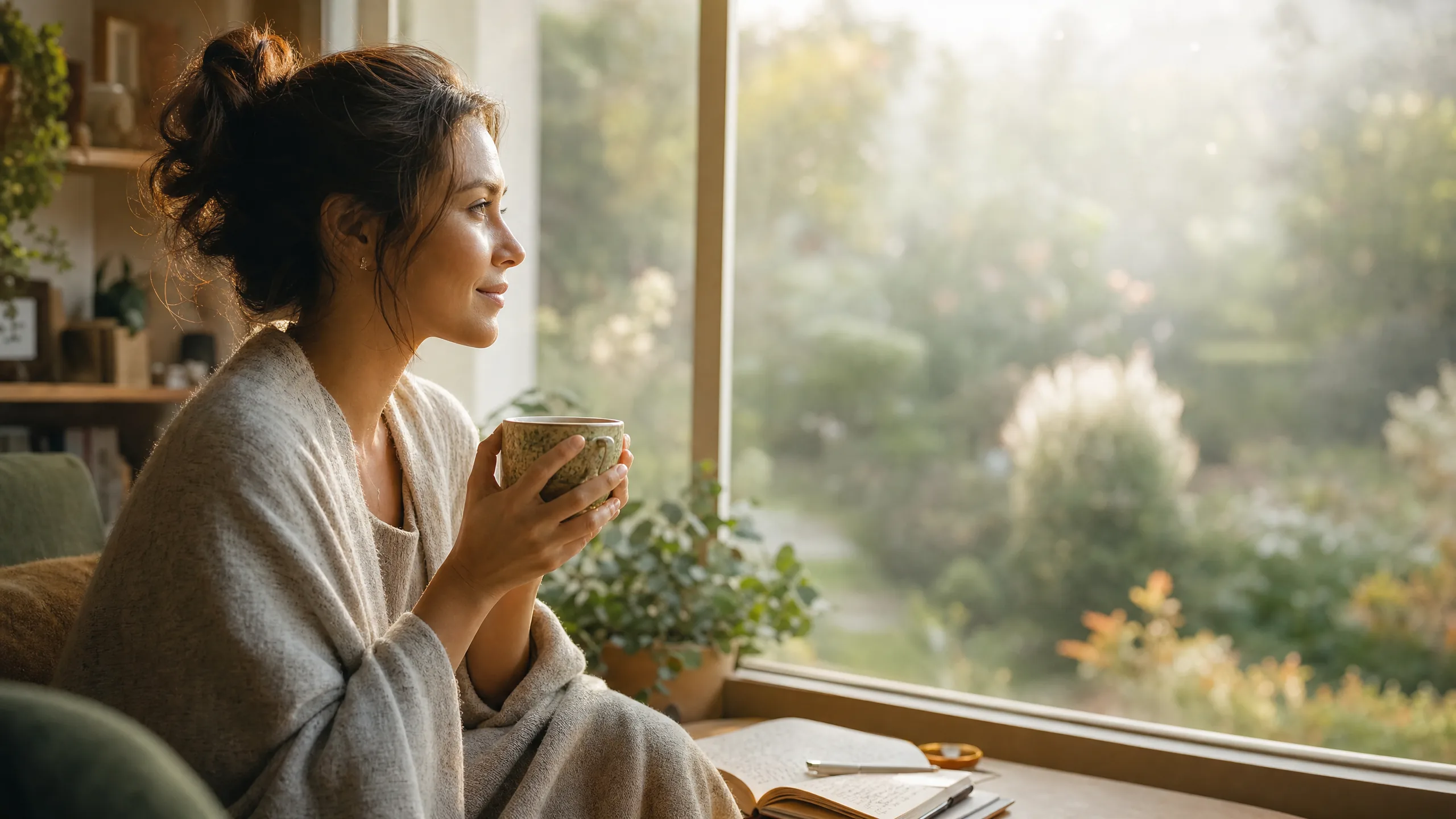 A woman sitting peacefully by a window with morning light, holding tea and journaling — the quiet divorce